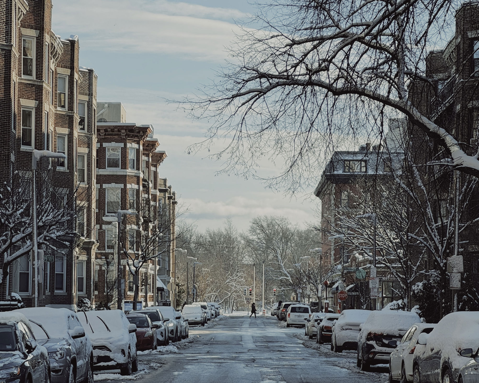 雪が降った次の日の住宅街の写真。道路を挟んで、写真の両側にアパートメントが建ち並ぶ。道路に路上駐車された車には雪が積もっている。
